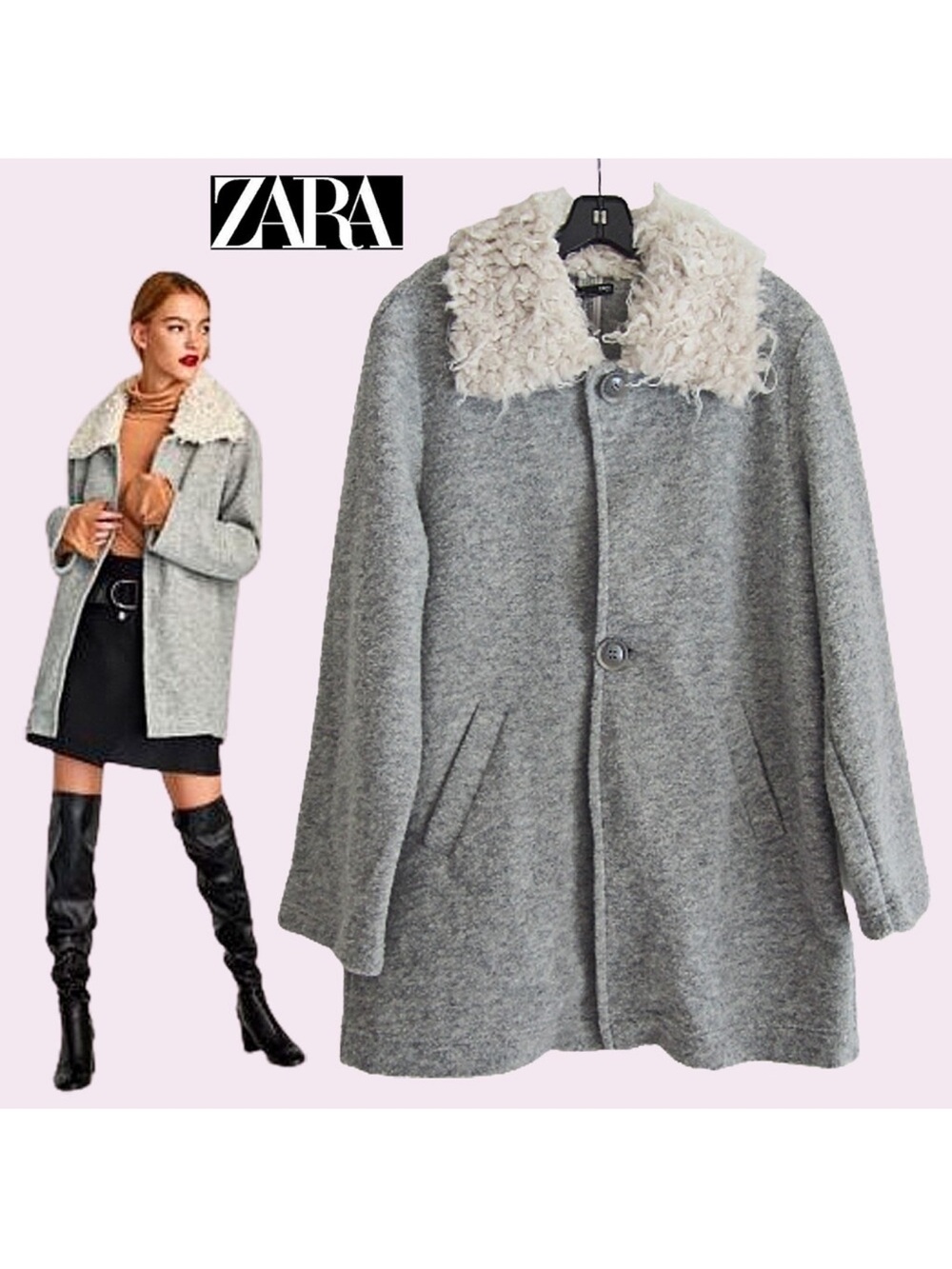 ZARA Gray Coat with Cream Faux-Shearling Collar